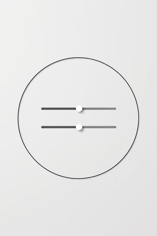 Create a minimalist icon of three horizontal sliders arranged vertically inside a circular outline on a light gray background, shot with a DSLR camera at f/5.6, ISO 100, 50mm lens, in a top-down view with soft lighting to enhance details and contrast.