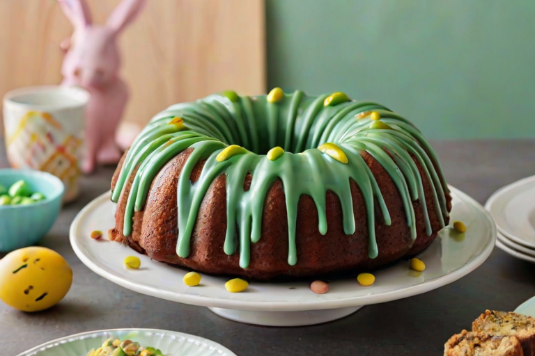 Create an image of a round bundt cake with a glossy green glaze drizzled on top. The cake should be decorated with chopped pistachios and small colorful chocolate candies. Place it on a black wire rack, with soft pastel plates in the background and a few decorative items like an Easter egg and a small bunny figurine nearby. Use a bright, light setting to enhance the cheerful atmosphere.