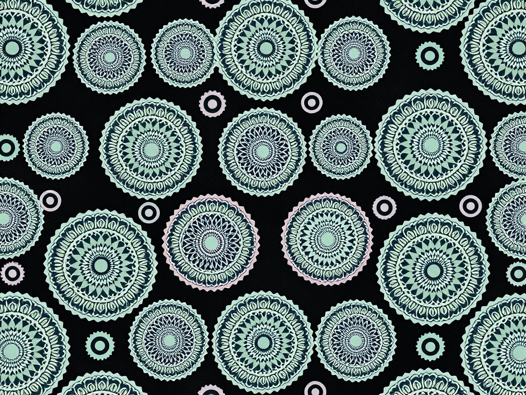 create a seamless pattern of intricate circular designs in soft pastel colors against a dark background, shot with a Canon EOS R5 at f/8, ISO 100, 24mm lens, top-down view, soft lighting to enhance the details and textures