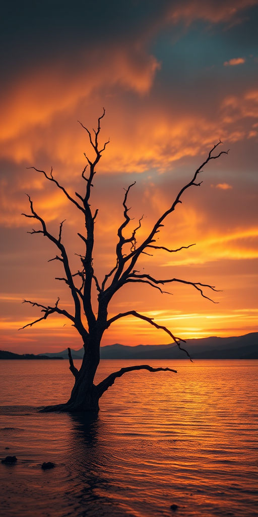Create a vivid landscape of a solitary dead tree in a serene waterscape during sunset, with a dramatic sky painted in warm oranges and yellows, use a DSLR camera with a 50mm lens, aperture at f/8, ISO 100, shutter speed 1/200s, in landscape orientation, employing a soft focus effect for a dreamy atmosphere.