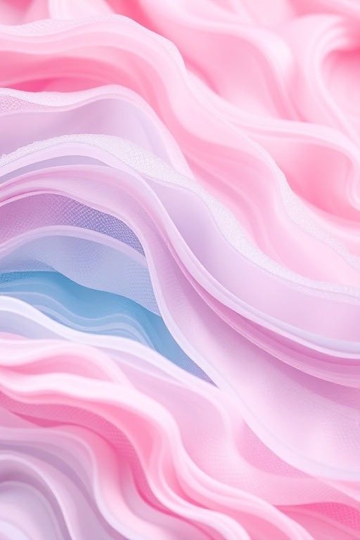 Create an abstract image of layered waves in soft pastel colors using a DSLR camera with a 50mm lens at f/2.8, ISO 100, and a shutter speed of 1/125s, capturing the intricate textures and shadows with a macro view for enhanced detail.