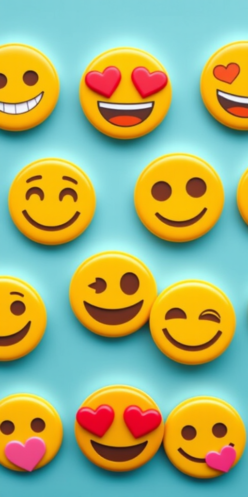Create a high-resolution pattern of colorful emojis on a light blue background using a DSLR camera with a 50mm lens, aperture set to f/2.8, ISO 100, and a focus mode set to macro to enhance details and clarity.