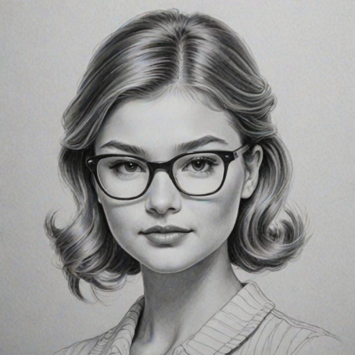 Exquisite Stefanie Scott, pencil sketch, portrait of Splendid woman 1943s in glasses, hair style beatnik, outline, clear lines, fine lines, 8k