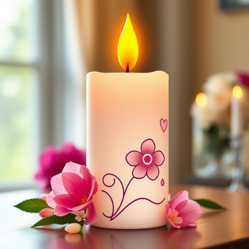 Generate an illustration of a decorative candle with a flower design, using a DSLR camera with a 50mm lens, f/1.8 aperture, ISO 100, soft natural light, and a shallow depth of field for enhanced clarity and vibrancy.