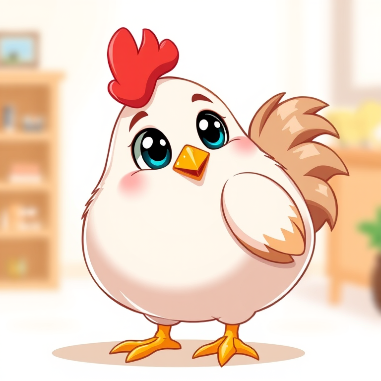 Create a cartoon-style illustration of a plump, whimsical chicken with large expressive eyes, vibrant feathers in shades of brown and white, a red comb on its head, and yellow feet, captured in a bright and cheerful setting, using a DSLR camera with a 50mm lens, f/2.8 aperture, ISO 100, and a shallow depth of field to enhance color vibrancy and detail.