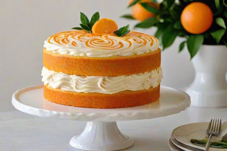 Create an image of a round orange cake with a smooth white frosting and decorative swirls on top. The cake is cut to reveal its vibrant orange layers inside. Place the cake on a white cake stand and surround it with fresh oranges, some whole and some cut in half. Add a subtle background with greenery to enhance the presentation.