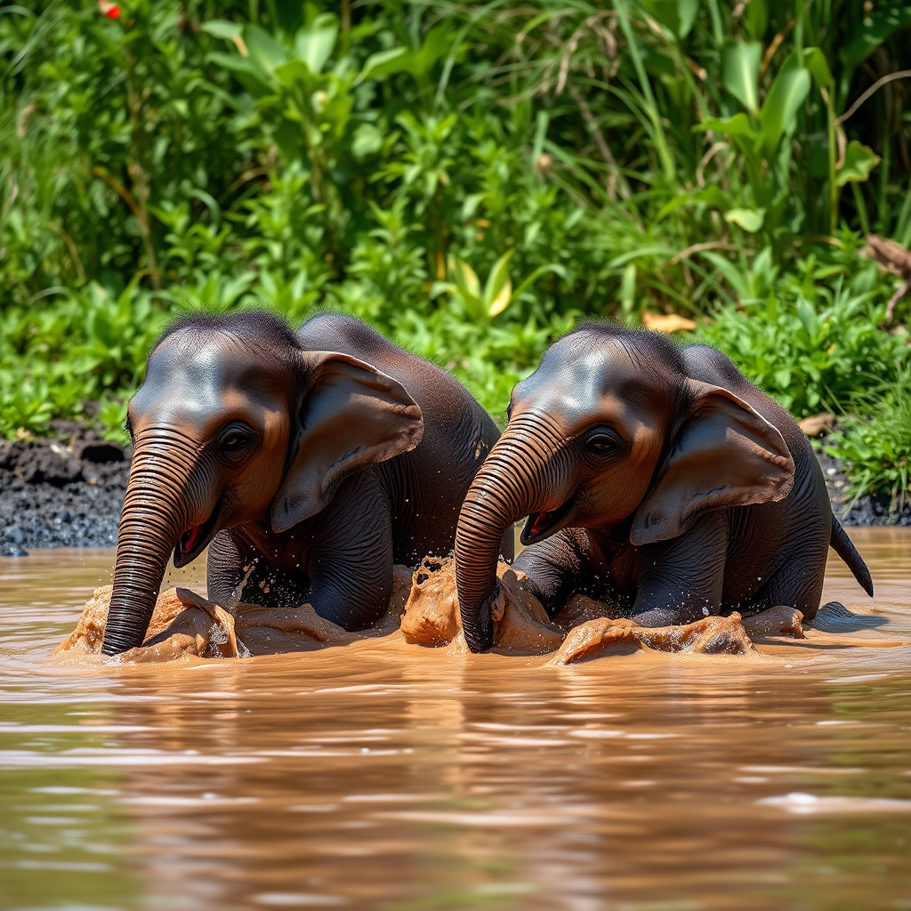 Two playful baby elephants splashing in a muddy pool surrounded by lush greenery, captured with a DSLR camera at f/2.8 aperture, 1/500 shutter speed, ISO 200, using a 50mm lens in natural light for enhanced detail and vibrant colors.