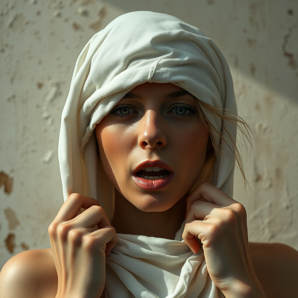 Create a close-up photographic image of a Eurasian woman with light skin tones shown against an old, worn wall. Their head is wrapped in a white cloth covering (i.e.... parts of the head except the nose and mouth, which are open as if they are screaming...), with a slight texture and visible folds in the fabric. Thin strands of blonde hair escape from the wrapping above, falling lightly at the top and sides. Their hands hold the fabric as if they are tugging nervously. The lighting is dramatic and even, casting strong shadows. The image has a minimalist and surreal style with an emphasis on simplicity with soft color tones. The composition is centered.