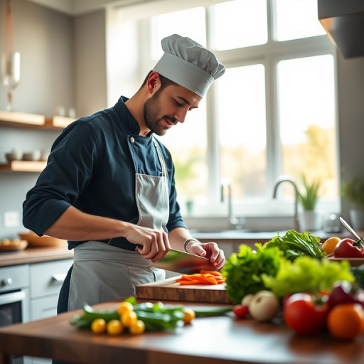 A male chef in a modern kitchen, chopping colorful vegetables on a wooden cutting board, natural light streaming in through large windows, shallow depth of field, aperture f/2.8, ISO 200, 50mm lens, soft focus on the chef, vibrant colors, warm tones.