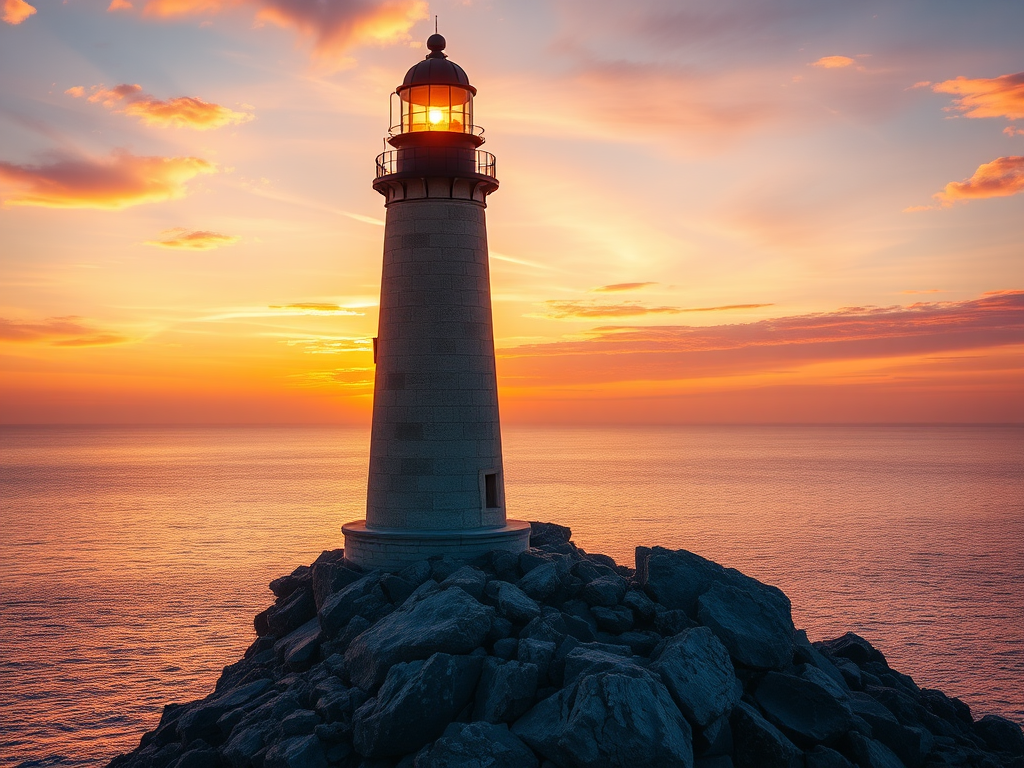 Generate an image of a tall lighthouse perched on a rocky outcrop surrounded by calm ocean waters during a breathtaking sunset. The lighthouse stands sturdy and weathered, its stone surface illuminated by the warm golden light of the setting sun. The sun's rays pass directly through the glass lantern room at the top of the lighthouse, casting a brilliant light across the scene. The sky is painted with vibrant shades of orange, pink, and purple, reflecting off the tranquil sea. The surrounding water shimmers with the same warm hues, creating a serene and majestic atmosphere.