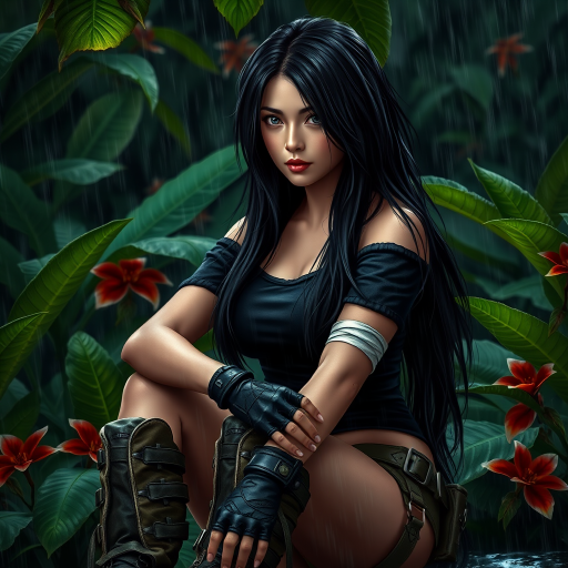 A highly detailed photograph of a woman with long black hair, sitting in the rain beneath lush green foliage. She wears a black off-the-shoulder top, fingerless gloves, and combat boots, giving her a rugged, militaristic look. Her left arm is bandaged, hinting at a recent struggle. The jungle background is vibrant, with large green leaves and red flowers contrasting against the rainy, dark sky. Fine rain droplets add realism and atmosphere to the scene.