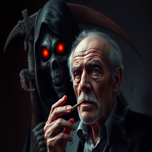 Create a digital art image of a grim reaper figure with glowing red eyes standing behind an elderly man smoking a cigarette, use a high resolution setting of 300 DPI, with a focus on deep shadows and highlights, employ a soft focus lens with a slight vignette effect, and set the view to a medium close-up to emphasize facial expressions and details.