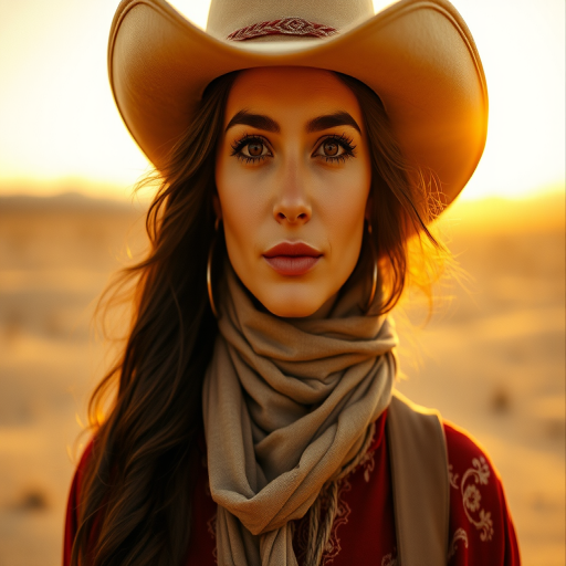 Dramatic photo of a beautiful Azerbaijani woman, classic cowboy attire, confident and free spirit expression, half-length portrait, centered, golden hour desert landscape, warm, diffused light, low angle, medium format film camera, in style of Annie Leibovitz.
