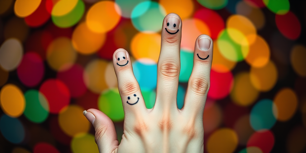 Create an image of a hand with smiley faces drawn on the fingers, set against a colorful bokeh background with bright circles of various sizes and colors; use a Canon EOS R5 camera, 50mm lens, aperture f/1.8, shutter speed 1/200s, ISO 100, with a shallow depth of field for a soft background effect.