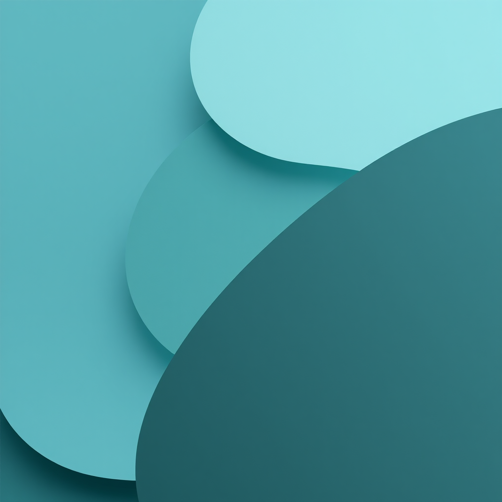 Create a high-resolution abstract image featuring layered geometric shapes in shades of teal and gray with smooth gradients, using a DSLR camera, f/8 aperture, 1/60 sec shutter speed, ISO 100, captured in a soft focus style from a slightly elevated angle to enhance depth and texture.