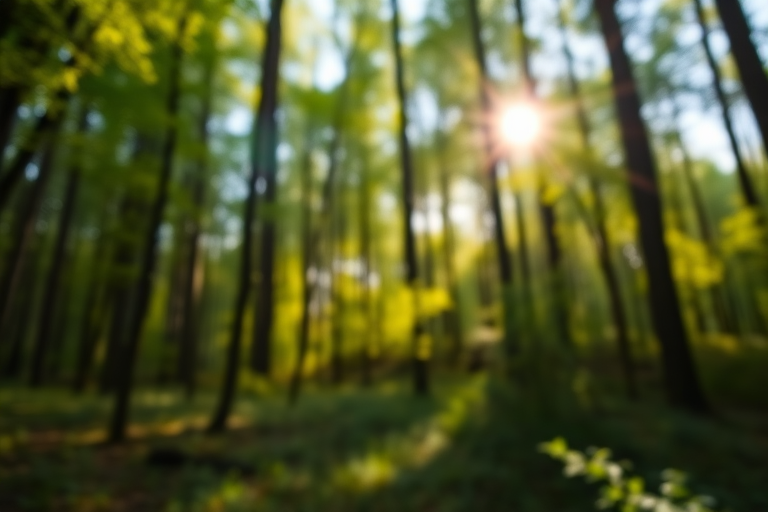 Create a high-quality image of a tranquil forest scene with sunlight filtering through the trees, using a DSLR camera at f/2.8 aperture, ISO 100, 1/200 sec shutter speed, shot from a low angle perspective, in natural light, with a shallow depth of field to enhance the bokeh effect in the background.