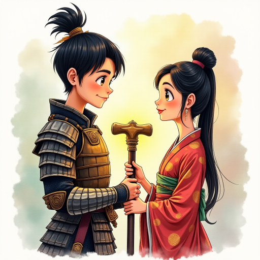 A watercolor and ink-painted, detailed line drawing of a young samurai in armor with black hair, clean-shaven, big eyes, and a large smile, standing next to a beautiful woman in a kimono. Both are holding the shaft of a warhammer together, with the head of the warhammer now adjusted to the proper size. They are the same height and look at each other with affection. The samurai is glowing with a yellowish aura, radiating warmth. The scene has a whimsical, adventurous feel in a Disney-Pixar aesthetic, with soft watercolor tones, intricate ink details, and a magical, cinematic atmosphere