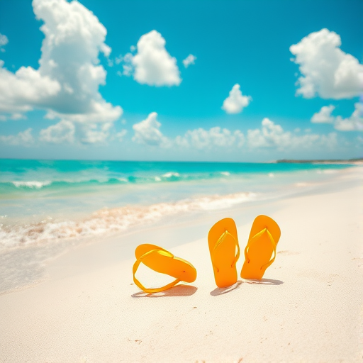 Generate a vibrant tropical beach scene with yellow flip-flops on soft white sand, clear turquoise water gently lapping at the shore under a bright blue sky filled with fluffy white clouds, using a DSLR camera with a 24mm lens, f/8 aperture, ISO 100, and a polarizing filter for enhanced colors and contrast.