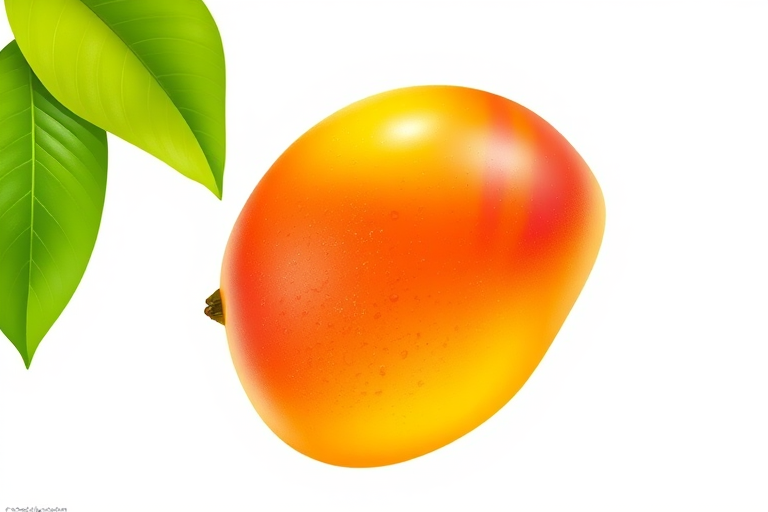 Create a vibrant illustration of a mango with a glossy finish, set against a plain white background, using a Canon EOS R5 with a 50mm lens, aperture f/2.8, ISO 100, and natural light for enhanced detail and color saturation.