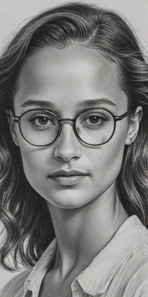 Pleasing Alicia Vikander, pencil sketch, portrait of Captivating woman 1926s in glasses, hair style beatnik, outline, clear lines, fine lines, 8k