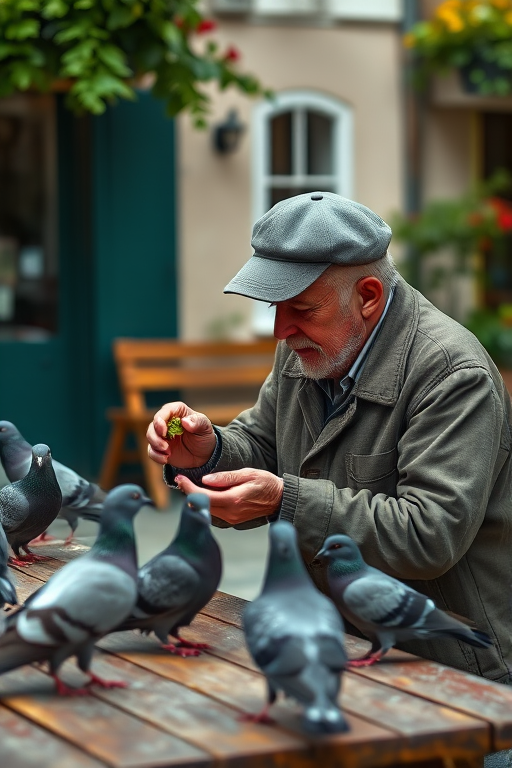 an elderly man in a gray cap feeding pigeons on a wooden table in a quaint outdoor setting, soft natural light, shallow depth of field, f/2.8, ISO 200, 50mm lens, DSLR, cinematic style