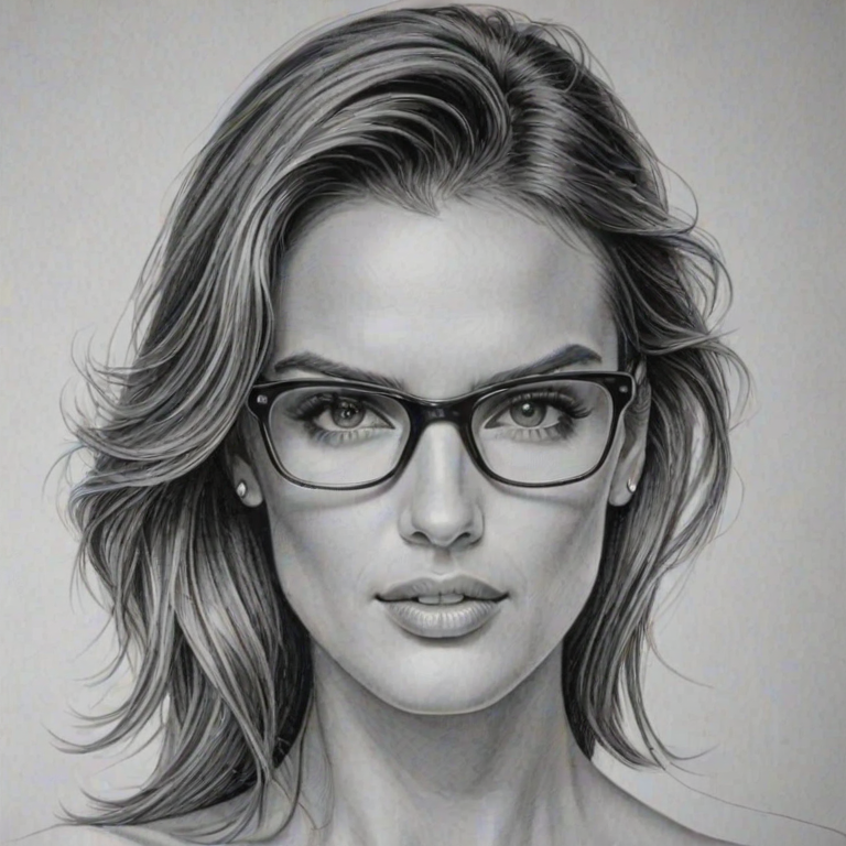 Ravishing Alessandra Ambrosio, pencil sketch, portrait of Gorgeous woman 1946s in glasses, hair style beatnik, outline, clear lines, fine lines, 8k