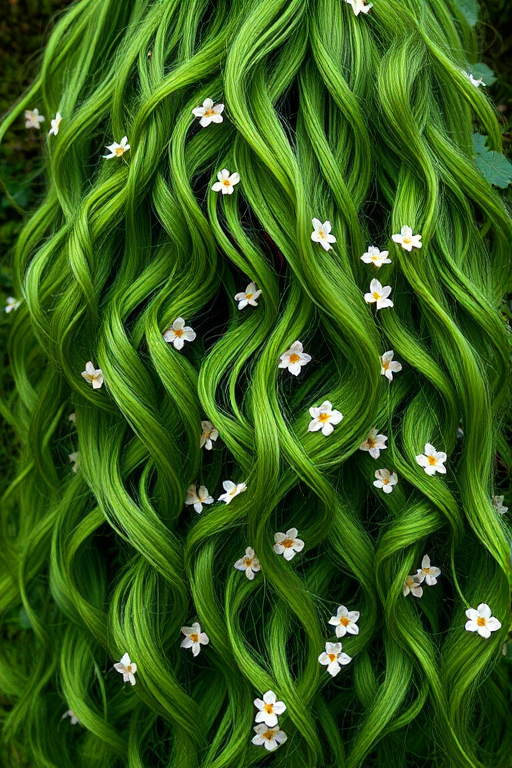 Enchanted forest green tresses intertwined with living vines and tiny blooming flowers, cascading in loose waves to create a magical woodland aesthetic