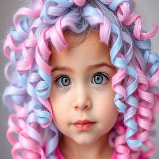 Whimsical picture of a child with Cotton Candy Swirl hair, pastel pink and blue blended together in soft, fluffy ringlets framing their face