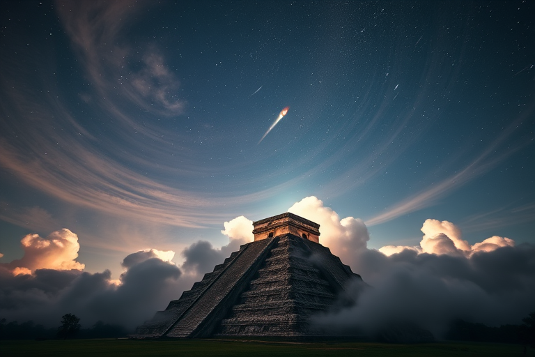 Create an ethereal scene of a Mayan pyramid emerging from swirling clouds under a starry night sky with a comet and a distant planet, captured with a DSLR camera at ISO 800, f/2.8, 15 seconds exposure, wide-angle lens, from a low-angle perspective to enhance depth and detail.