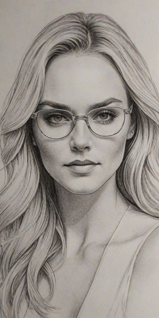 Ravishing Lindsey Vonn, pencil sketch, portrait of Bewitching woman 1974s in glasses, hair style beatnik, outline, clear lines, fine lines, 8k