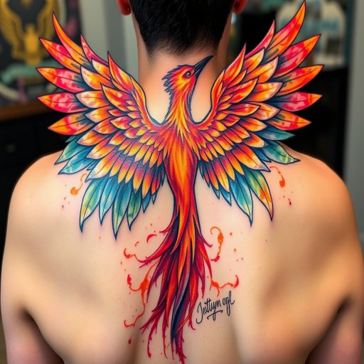 Vibrant watercolor tattoo of a majestic phoenix rising from ashes, with iridescent feathers and fiery hues, spreading its wings across the upper back, intricate details in every brushstroke