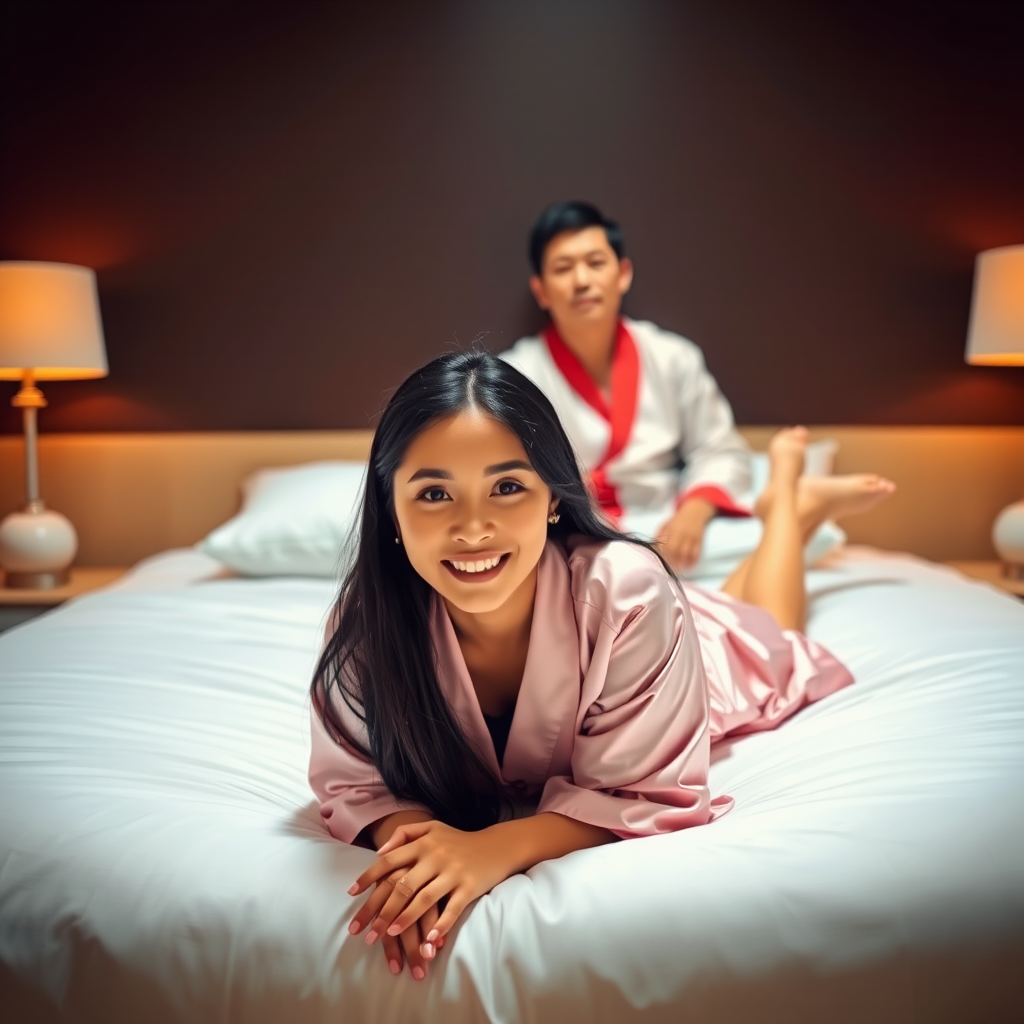 A man and a woman are lying on a bed in a dimly lit bedroom. The woman is in the foreground, lying on her stomach and looking directly at the viewer with a smile. She is wearing a pink silk robe and has long black hair. The man is sitting up in the background, looking directly at the viewer with a neutral expression. He is wearing a white silk robe with a red trim and has short black hair. The bed is white and has a white pillow at the head of the bed. There are two lamps on nightstands on either side of the bed, and the walls are a dark brown. The overall atmosphere is warm and inviting, with a soft focus on the subjects.