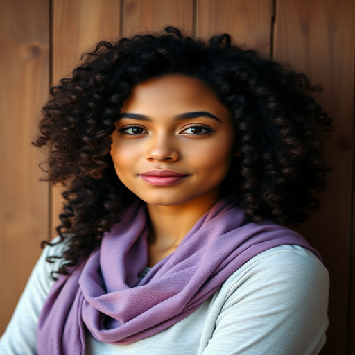 A portrait of a young woman with curly hair wearing a purple scarf, standing against a wooden background, soft natural lighting, 50mm lens, f/1.8 aperture, ISO 100, shallow depth of field, DSLR camera, warm color tones.