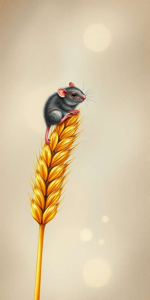 Soft, muted Alcohol Ink with ebru effect background image of tiny whimsical rat, who climbed high on the top of a golden rye ear.