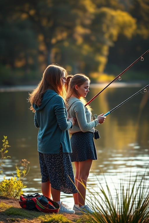 Capture a serene lakeside scene of two young women fishing together, soft sunlight filtering through the trees, shot with a Canon EOS R5, 50mm lens, f/1.8 aperture, ISO 100, natural light, shallow depth of field for a dreamy background blur.