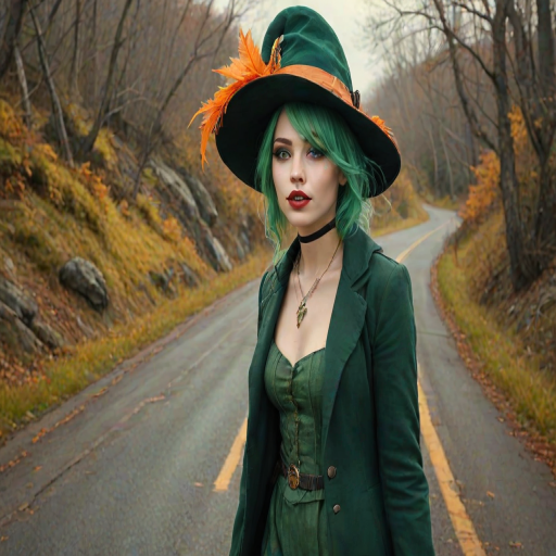 digital art fantasy depicting a strange girl with green hair, long eyelashes, orange lipstick and a tall hat walking along a winding road on an autumn afternoon, an Eel smiles as she passes