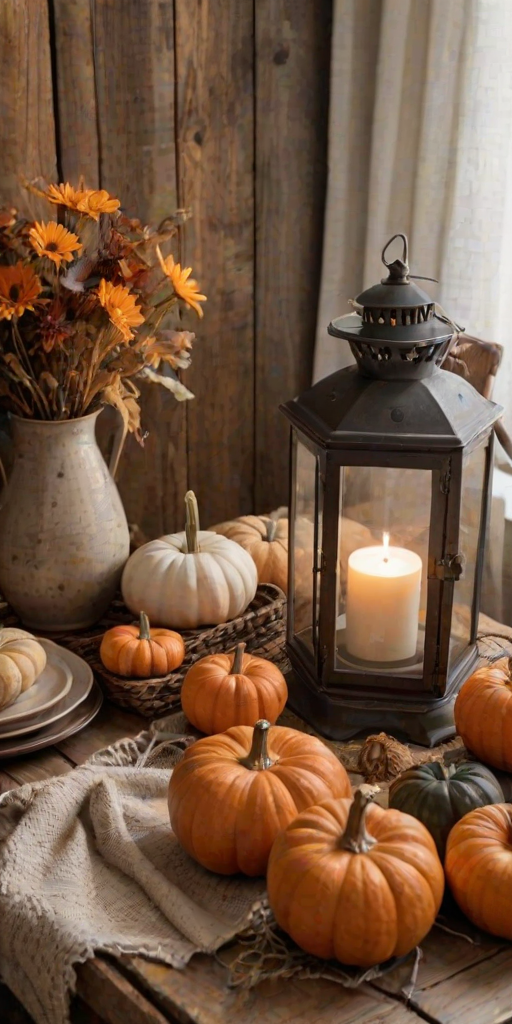 a cozy autumn scene featuring various pumpkins, a vintage lantern casting warm light, an old clock, and a rustic wooden table with a woven placemat