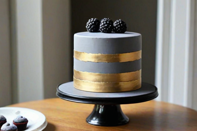 Create an elegant two-tier cake with a smooth gray fondant finish. The cake should have a bold gold stripe around the middle and be adorned with a mix of blackberries and golden decorative balls on top. Surround the cake with matching cupcakes featuring gray frosting and golden accents, all displayed on a simple black cake stand by a window with natural light.