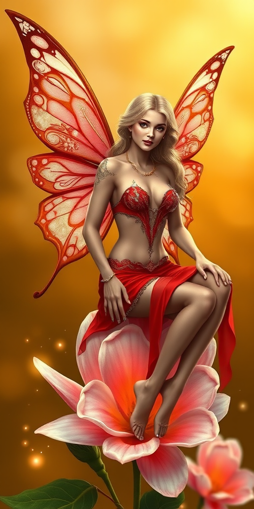 A digital artwork features a winged fairy with delicate Coral butterfly wings, adorned with intricate Spruce andPeriwinkle patterns. She is seated on a vibrant Pearl flower, wearing a revealing red two-piece outfit with sparkling beadwork. Her fair skin, long blonde hair, and gold jewelry add to her ethereal appearance. The background is a warm, golden gradient, creating a magical atmosphere. Small glowing orbs and sparkles surround the flower, enhancing the enchanting, highly detailed, and realistic scene.