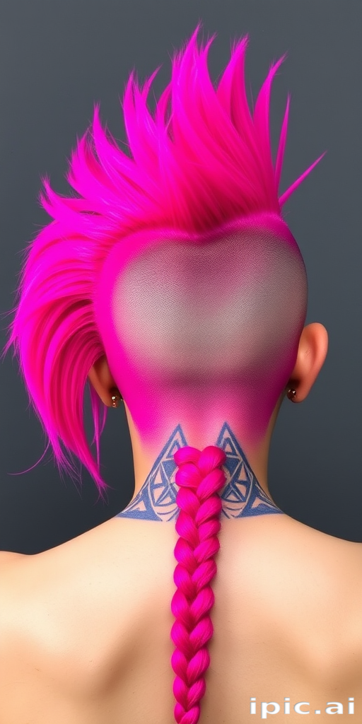 Vibrant magenta mohawk with shaved sides adorned with intricate geometric patterns, tapering into a long, braided tail at the nape, dubbed Neon Warrior