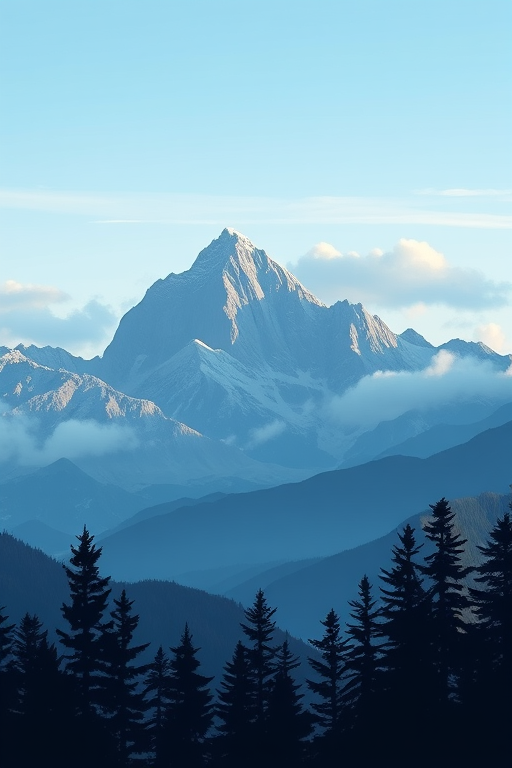 create a serene mountain landscape illustration with a twilight blue color palette, featuring sharp peaks, soft clouds, and shadowy pine trees in the foreground, captured with a DSLR camera using a 50mm lens, f/8 aperture, ISO 100, and a view from a low angle to emphasize the height of the mountains.