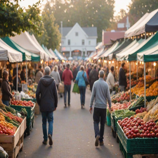 Blurry candid shot of a busy farmers' market at sunrise, soft light illuminating the colorful stalls of fresh produce, with vendors and customers moving about in a blur of motion.