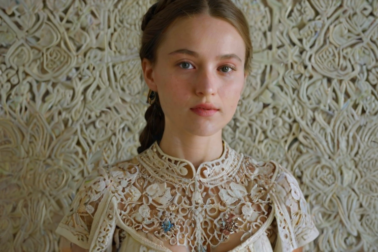 Face, shoulders, chest covered in openwork Ukrainian embroidery. Raw, unedited image.