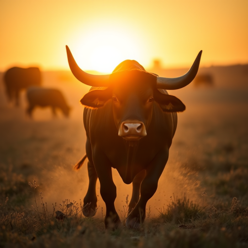 A powerful bull charging towards the camera in a sunlit field with a golden sunset, capturing dynamic motion with a shallow depth of field, sunset lighting, 50mm lens, f/1.8 aperture, ISO 200, medium format camera, backlighting to create a silhouette effect.