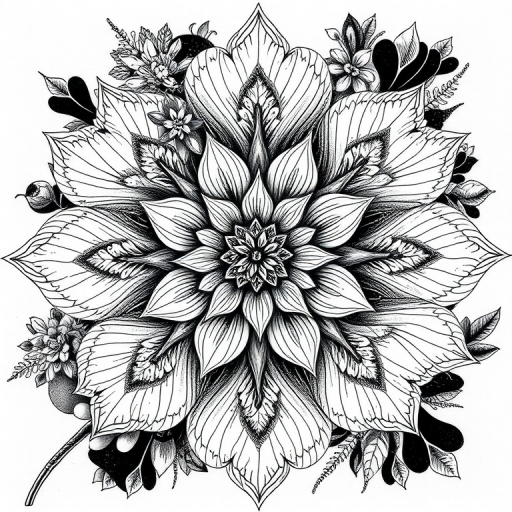 Create a highly detailed black and white sketch of abstract floral and organic shapes with intricate patterns and textures, using a Canon EOS 5D Mark IV camera at ISO 100, aperture f/8, shutter speed 1/200s, with a macro lens, shot from a top-down view to emphasize the design.