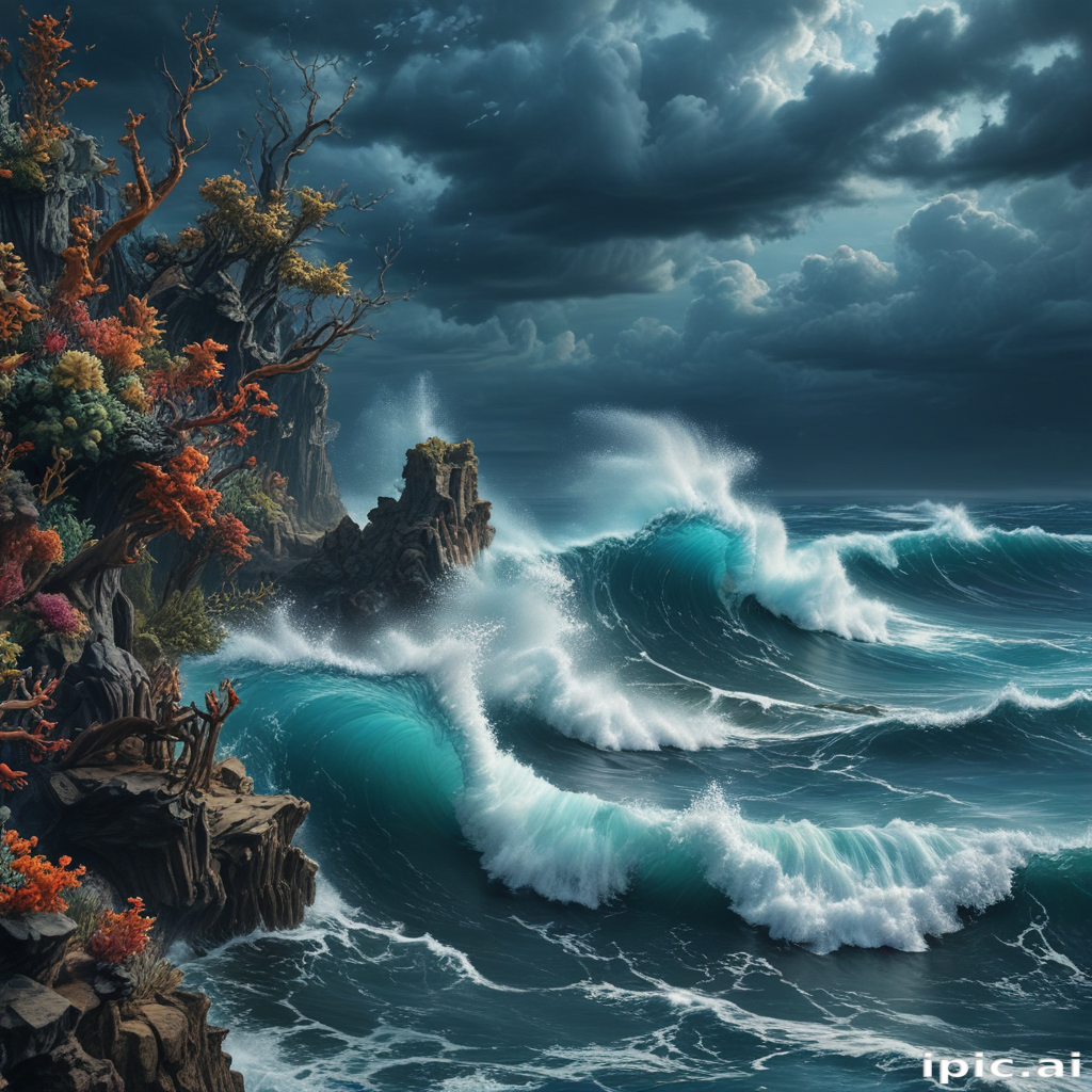 Majestic Ocean Waves Crashing Against Rugged Cliffs Under Dark Stormy Skies