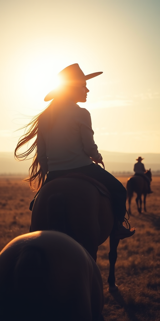 "Create a Double exposure", a silhouette "profile portrait of a young cowgirl" with long hair "superimposed" against a long shot of a cowgirl riding a horse across the plains, fantastic view, 32k, cinematic, hyper-realistic.