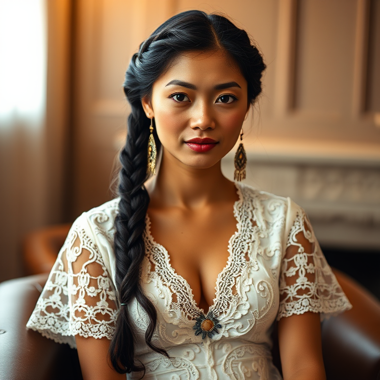 Create a portrait of a refined and elegant Burmese woman seated in a sophisticated setting. She has long, wavy hair styled in two thick braids that are pulled over her shoulders. She wears a white, lace gown with intricate patterns, featuring a deep V-neckline and short sleeves. The dress exudes a vintage charm with its delicate lacework. She is adorned with ornate, dangling earrings that add a touch of glamour to her appearance. The background is softly lit, with warm, ambient lighting that creates a cozy and inviting atmosphere. Her expression is poised and serene, capturing a sense of grace and elegance.