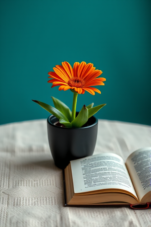 A single vibrant orange flower in a sleek black pot on a textured tablecloth, with an open book next to it, softly lit from a teal background, shot with a DSLR camera, 50mm lens, f/1.8 aperture, ISO 200, 1/60 sec shutter speed, taken from a 45-degree angle for depth and clarity.