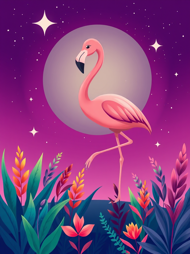 Create an image of a cartoon flamingo standing gracefully on one leg against a bright, starry background with vibrant plants in the foreground, captured with a DSLR camera at f/2.8, ISO 100, 50mm lens, top-down view, bright color palette, flat illustration style.
